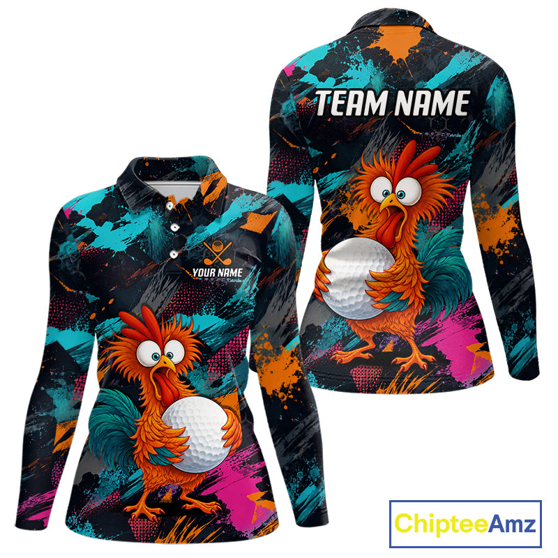 Front and back views of a long-sleeve polo shirt featuring a colorful cartoon rooster holding a golf ball on a black background with teal, orange, and pink paint splatter designs. The front has a small 'YOUR NAME' customization area, and the back has 'TEAM NAME' text at the collar.