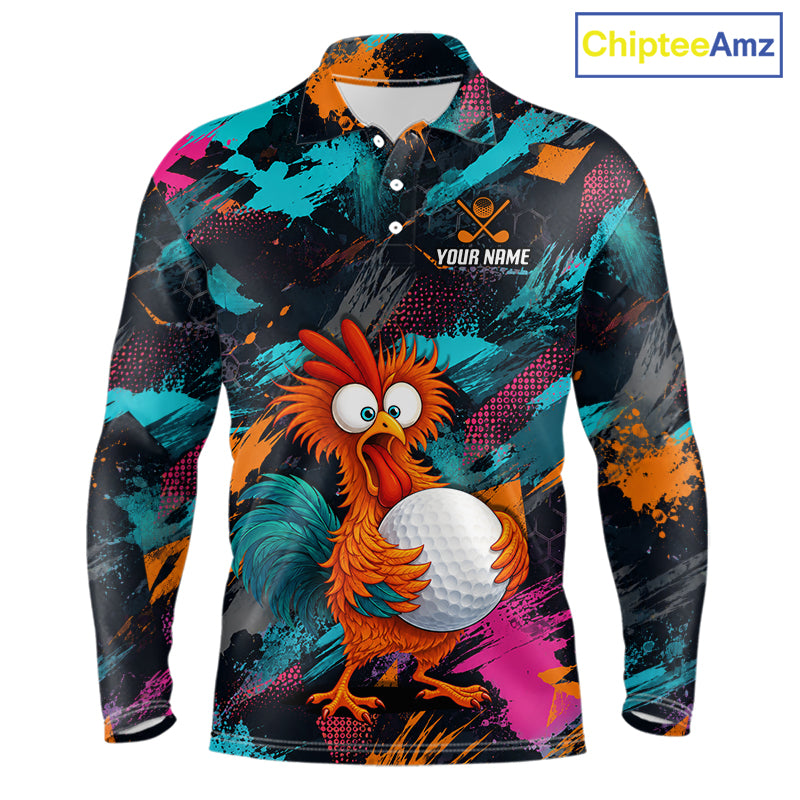 A long-sleeve polo shirt with a colorful all-over graphic print featuring a cartoon rooster holding a golf ball, set against a black base with teal, orange, pink, and gray paint splatter patterns. The shirt has a custom name print area on the chest and a visible 'ChipteeAmz' logo in the top right corner.