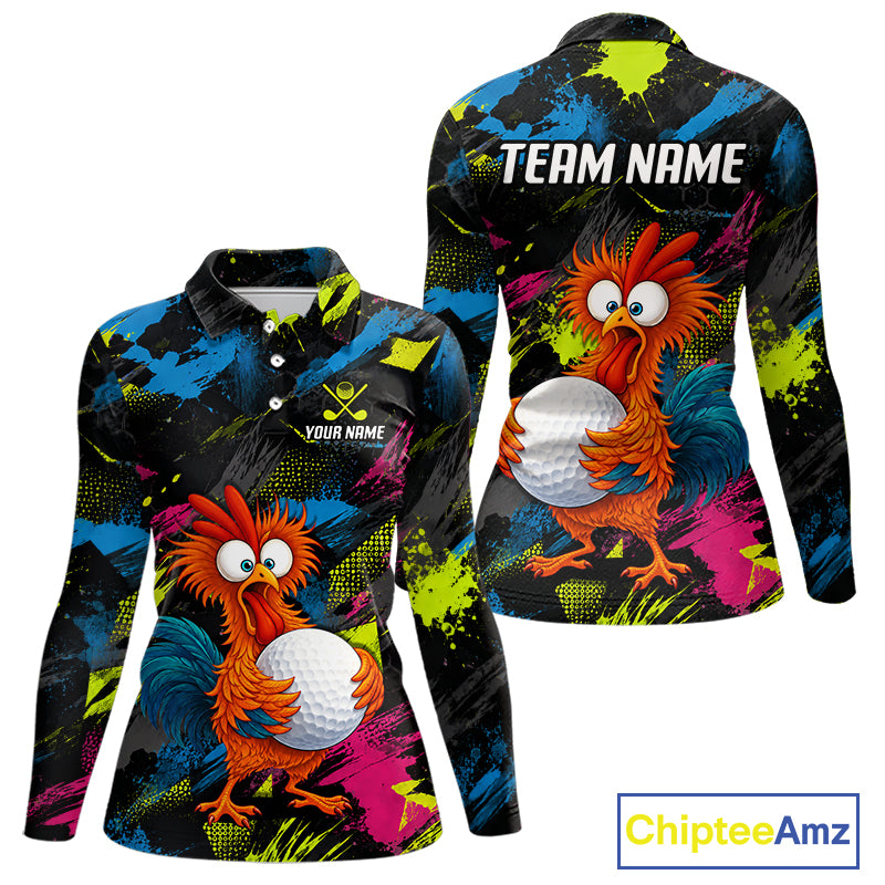 Front and back views of a long-sleeve collared polo shirt with a colorful abstract paint-splatter background and a cartoon fiery bird holding a white golf ball. The front shows a small chest logo reading YOUR NAME, and the back shows TEAM NAME.