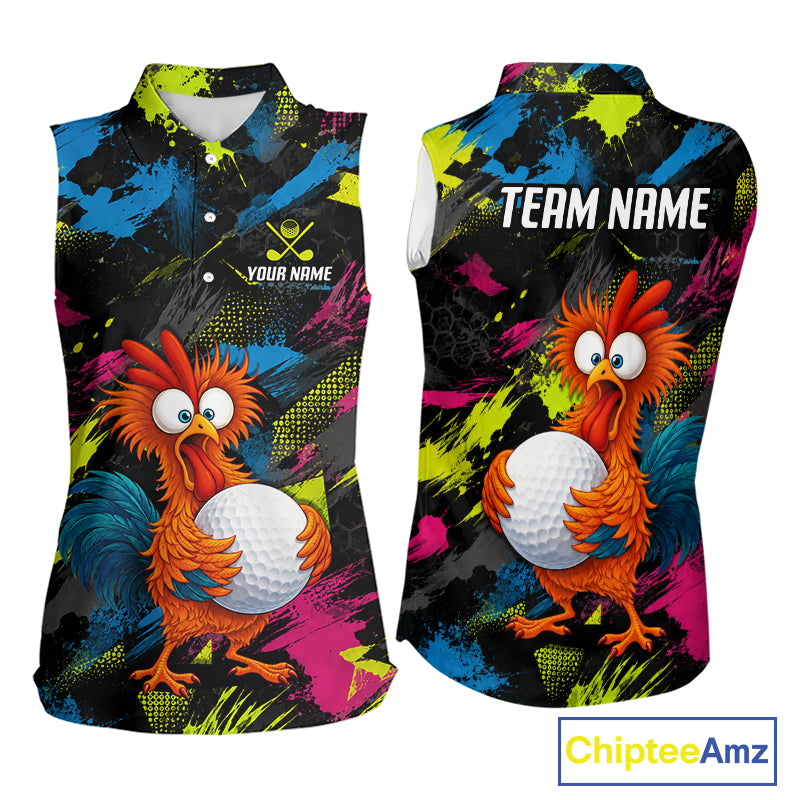 Front and back views of a sleeveless collared golf shirt featuring a colorful abstract paint-splatter design in black, blue, pink, and neon yellow, with a cartoon orange rooster holding a white golf ball. The front has a button placket and a small chest graphic reading 'YOUR NAME' with a golf flag icon, while the back has 'TEAM NAME' in white text.