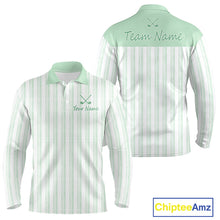 Load image into Gallery viewer, Personalized mint green striped golf polo shirt for men with custom team name