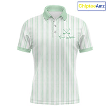 Load image into Gallery viewer, Personalized mint green striped golf polo shirt for men with custom team name