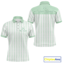 Load image into Gallery viewer, Personalized mint green striped golf polo shirt for men with custom team name