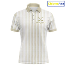 Load image into Gallery viewer, Personalized beige striped golf polo shirt for men with custom team name 