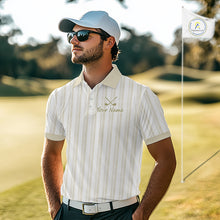 Load image into Gallery viewer, Personalized beige striped golf polo shirt for men with custom team name 