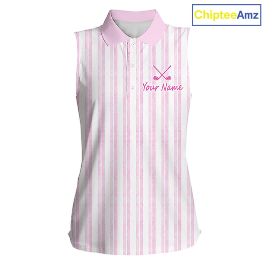 Personalized Womens Sleeveless Golf Polo Shirt Mint Pink Striped Custom Team Name