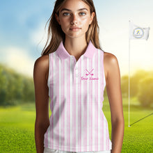 Load image into Gallery viewer, Personalized Womens Sleeveless Golf Polo Shirt Mint Pink Striped Custom Team Name Polo For Womens NHT944