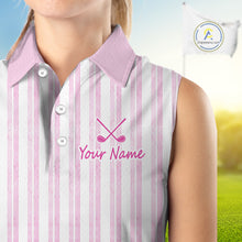 Load image into Gallery viewer, Personalized Womens Sleeveless Golf Polo Shirt Mint Pink Striped Custom Team Name Polo For Womens NHT944
