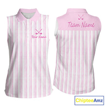 Load image into Gallery viewer, Personalized Womens Sleeveless Golf Polo Shirt Mint Pink Striped Custom Team Name