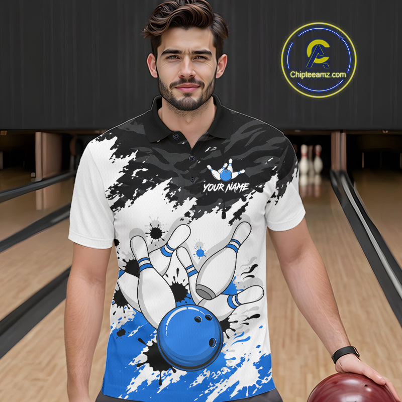 A man wearing a custom bowling-themed polo shirt with a black and white splatter design, blue bowling balls and pins, and 'YOUR NAME' placeholder text, set against a bowling alley background with a ChipLeamz.com logo overlay.