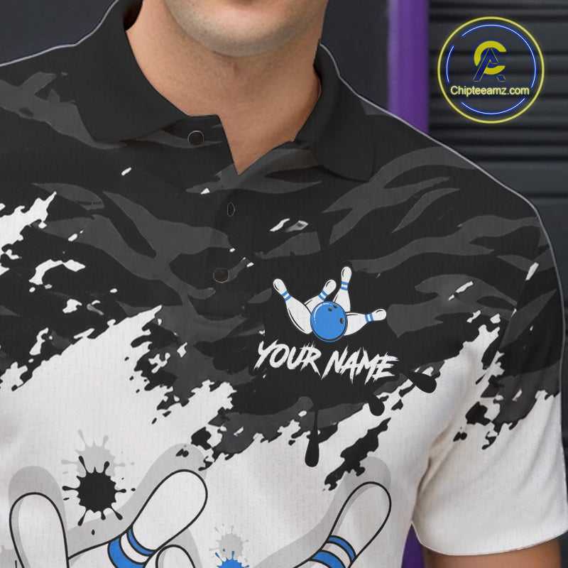 A close-up of a person wearing a black and white bowling-themed polo shirt with a blue bowling ball graphic and the text 'YOUR NAME' on the chest. A circular 'Chipteeamz.
