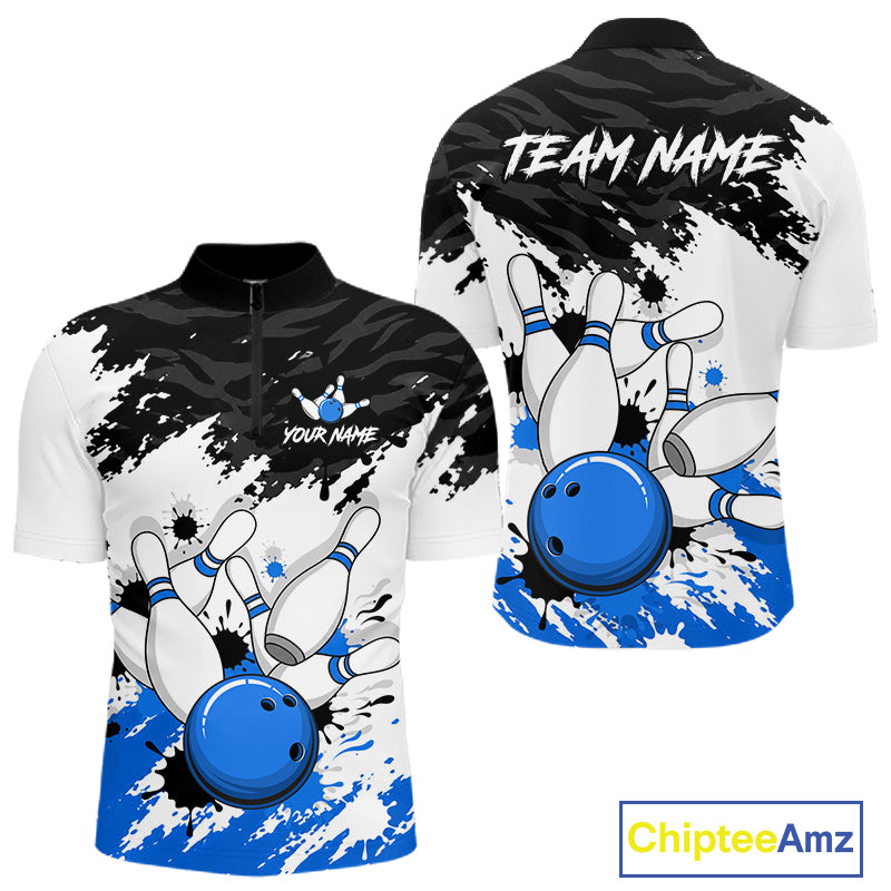 Custom short-sleeve bowling jersey shown from the front and back on a white background. The design features a black and white camouflage pattern with blue paint splatters, a blue bowling ball, and white bowling pins with blue stripes.
