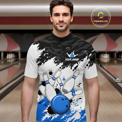 Bowling Shirt Custom Name Blue Black White Bowling Ball Personalized Team Jersey Gift For Men NHT1249