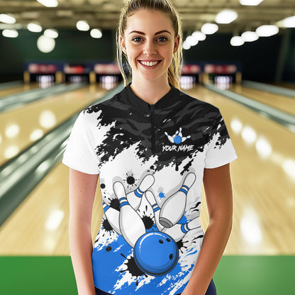 Bowling Shirt Custom Name Blue Black White Bowling Ball Personalized Team Jersey Gift For Women NHT1249