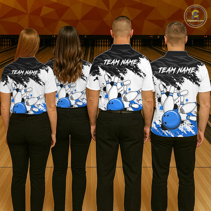 Bowling Shirt Custom Name Blue Black White Bowling Ball Personalized Team Jersey Gift For Men NHT1249