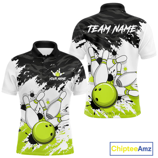 Front and back views of a custom short-sleeve polo shirt featuring a bowling theme with a bright green bowling ball and pins on a black, white, and lime green paint-splatter background. The front shows placeholder text 'YOUR NAME' and 'TEAM NAME' on the chest, and a 'ChipteeAmz' logo is visible in the bottom right corner.