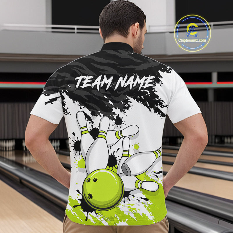 Bowling Shirt Custom Name Black White Lime Green Bowling Ball Personalized Team Jersey For Men NHT1250