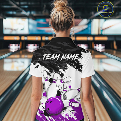 Bowling Shirt Custom Name Purple Black White Bowling Ball Personalized Team Jersey Gift For Women NHT1251