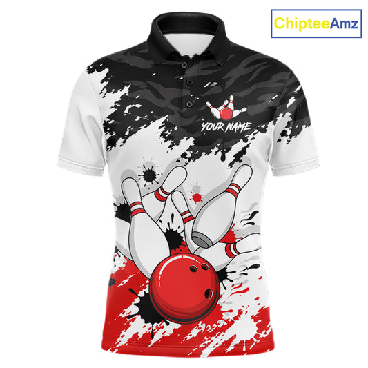A short-sleeve polo shirt with a bowling-themed graphic print, featuring white bowling pins, a red bowling ball, and black-and-white paint splatter patterns. The shirt has a black collar, a black button placket, and placeholder text reading 'YOUR NAME' on the chest.