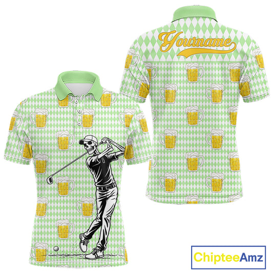 Funny Skull Golf Polo Shirts Beer Green Argyle Pattern Custom Name Skull Playing Golf Apparel NBT630