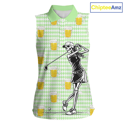 Funny Skull Womens Sleeveless Golf Polo Shirts Beer Green Argyle Pattern Custom Name Skull Playing Golf Apparel NBT630