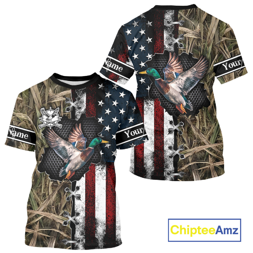 Mallard Duck Hunting Waterfowl Camo with US Flag Custom Name Hunting Gift NHT154