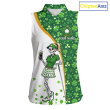 Load image into Gallery viewer, Custom St. Patrick's Day Womens Sleeveless Golf Polo Shirt – Shamrock Skeleton Lady Golfer Personalized Team 