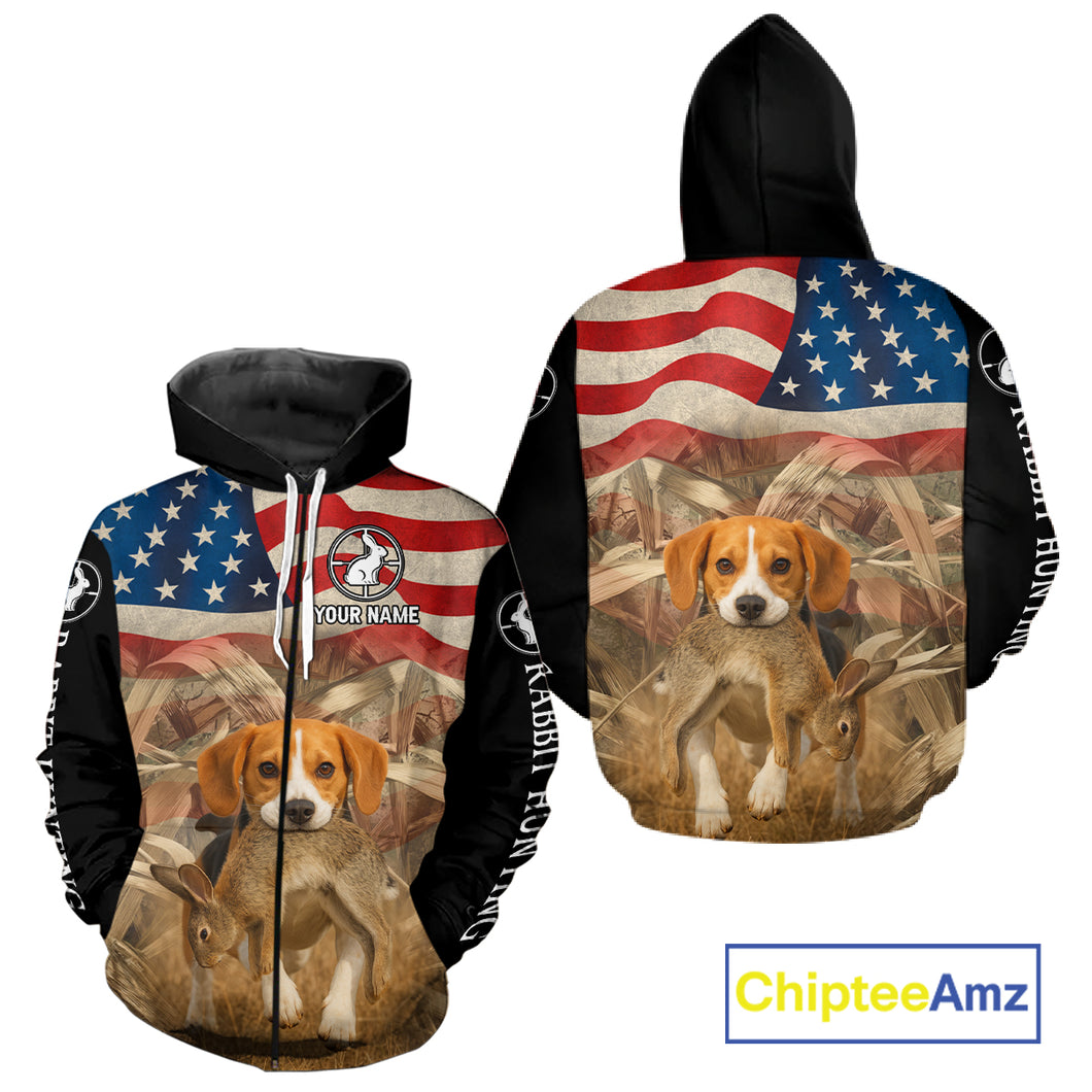 Personalized Rabbit Hunting Shirt 3D All Over Print with Beagle Dog and US Flag Hunting Gift NHT157