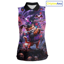 Load image into Gallery viewer, Personalized Sleeveless Women Golf Polo Shirts Angry Cat Golfer Gothic Lightning Theme Team Name Shirt NHT803