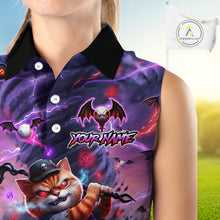 Load image into Gallery viewer, Personalized Sleeveless Women Golf Polo Shirts Angry Cat Golfer Gothic Lightning Theme Team Name Shirt NHT803