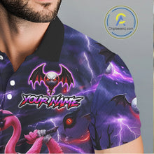 Load image into Gallery viewer, Personalized Mens Golf Polo Shirts Angry Flamingo Golfer Gothic Lightning Theme Team Name Shirt NHT804