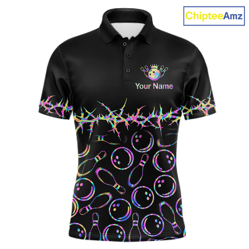 A black short-sleeve polo shirt with a colorful bowling-themed print, featuring bowling pins and bowling balls in a neon rainbow pattern across the lower half. The upper chest has a small crown graphic with the text 'Your Name' and a logo that reads 'ChipteeAmz'.