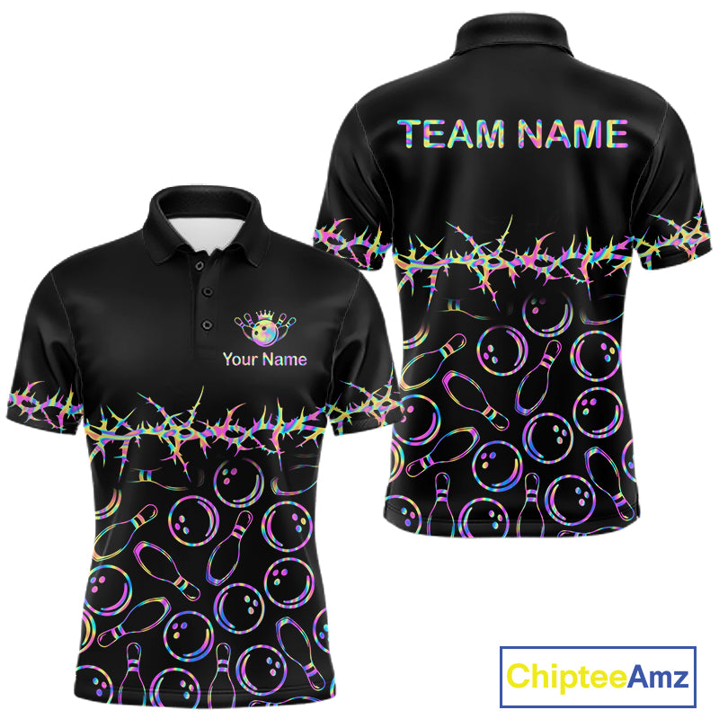 Black short-sleeve polo shirt shown from front and back on a white background, with bowling pins and bowling balls printed across the body and a holographic rainbow border. The front has a small bowling pin graphic and the text 'Your Name', while the back has 'TEAM NAME'.