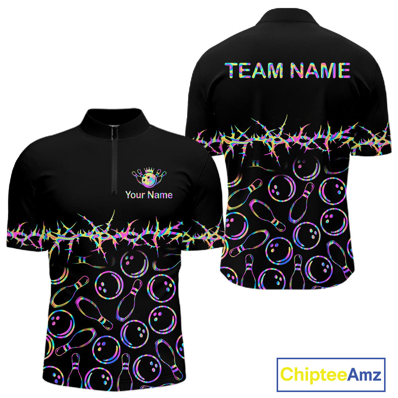 Black short-sleeve athletic jersey shown from front and back on a white background, with a quarter zip front, colorful neon bowling-pin and ribbon-style pattern across the chest and lower body, and customizable text areas reading TEAM NAME and Your Name. Brand watermark ChipteeAmz appears in the bottom right.