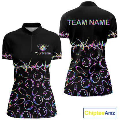 Black short-sleeve polo shirt shown from front and back on a white background, with colorful bowling-themed print including bowling pins, bowling balls, and a neon rainbow barbed-wire motif. Front has a small custom logo area reading 'Your Name' with a crown icon; back has 'TEAM NAME'.