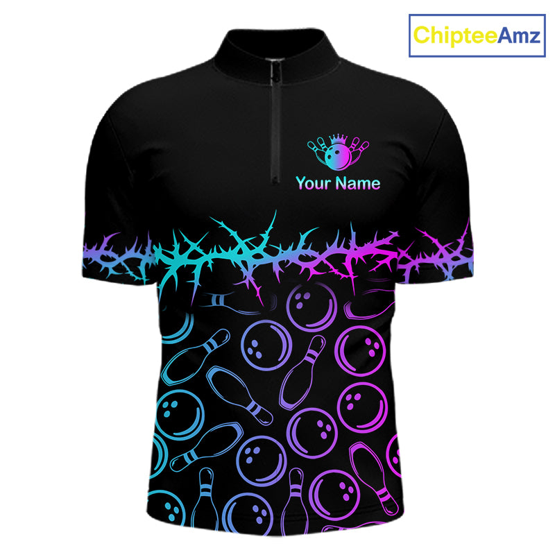 A black short-sleeve quarter-zip performance shirt with bowling-themed graphics, including bowling balls, pins, and pins-and-throw icons in a neon blue-to-purple gradient. The chest features a customizable logo area with a bowling pin graphic and the text 'Your Name'.