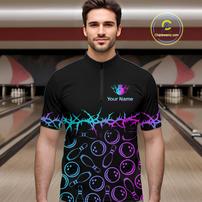 Personalized Bowling Shirt Black Cyan Purple Bowling Ball Team Polo For Men NHT1270