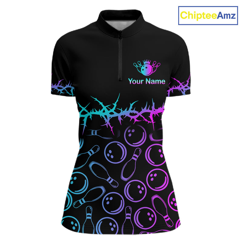 A women's short-sleeve quarter-zip bowling-themed polo shirt on a white background. The shirt is black with a colorful neon gradient design featuring bowling pins and bowling balls, a thorny graphic across the chest, and a custom logo placeholder on the left chest.