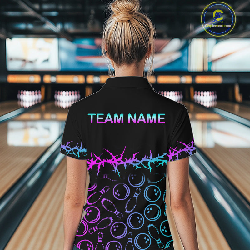 Personalized Bowling Shirt Black Cyan Purple Bowling Ball Team Polo For Women NHT1270