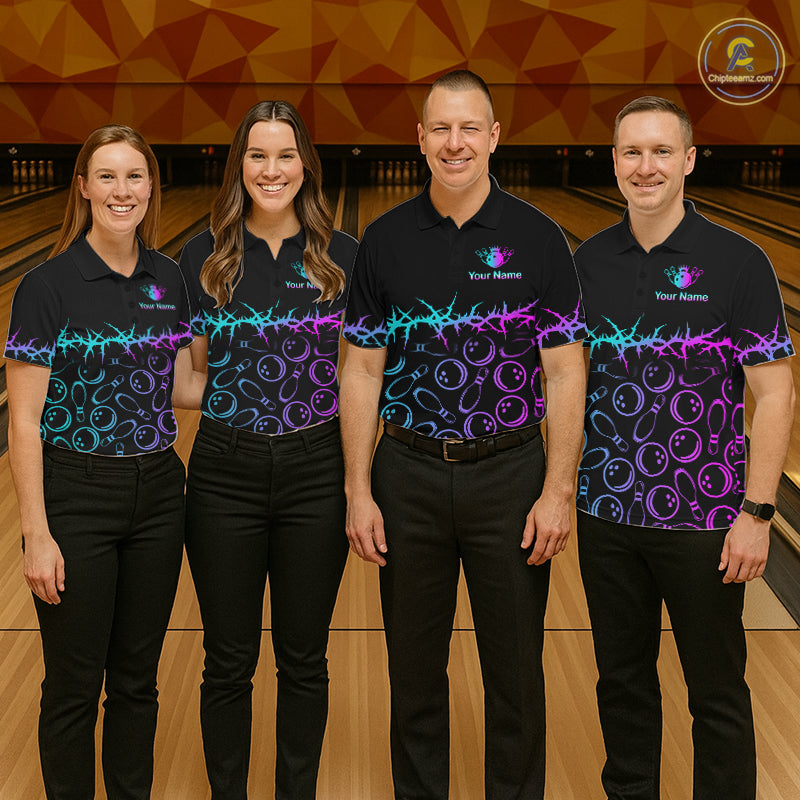 Personalized Bowling Shirt Black Cyan Purple Bowling Ball Team Polo For Men NHT1270