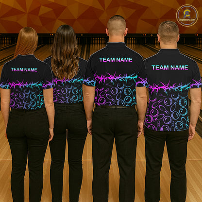 Personalized Bowling Shirt Black Cyan Purple Bowling Ball Team Polo For Women NHT1270