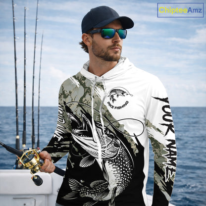 Personalized Gray Camo Northern Pike Fishing Jersey, Team Pike Fishing Long Sleeve Hooded Tournament Shirt NHT816