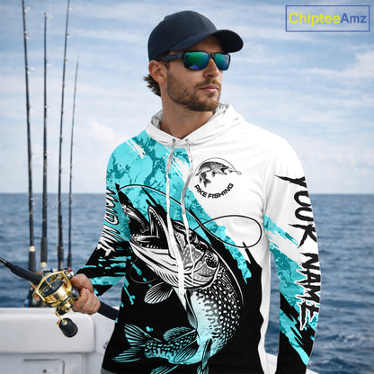 Personalized Turquoise Northern Pike Fishing Jersey, Team Pike Fishing Long Sleeve Hooded Shirt NHT817