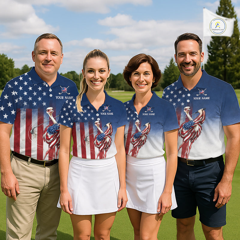 Custom American Flag Ostrich Womens Golf Polo Shirt – Funny Patriotic Golf Tournament Shirt Personalized Gift NHT1133