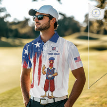 Load image into Gallery viewer, Golfer wearing funny rooster American Flag golf white mens golf polo shirt custom name on the golf course