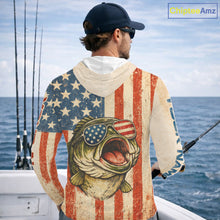 Load image into Gallery viewer, Custom Vintage Bass Funny Hooded Long Sleeve Fishing Shirt For Men, Bass Patriotic Fishing Shirt NHT601