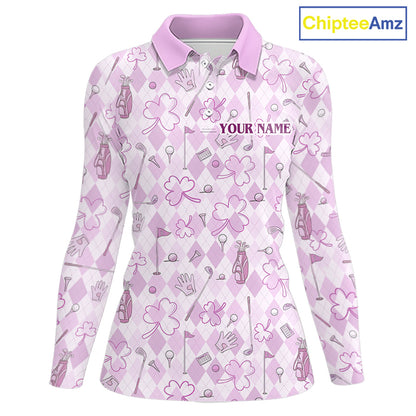Custom Women’s Long Sleeve Golf Polo Shirt Lucky Shamrock Argyle Pattern Personalized Team Name