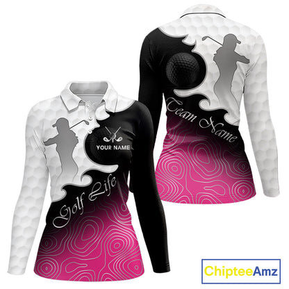 Custom Womens Golf Polo Shirt Pink Black Gradient, Personalized Name Golf Shirt, Gift For Golfer NHT825