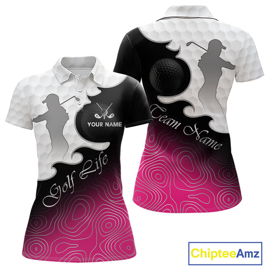 Custom Womens Golf Polo Shirt Pink Black Gradient, Personalized Name Golf Shirt, Gift For Golfer NHT825