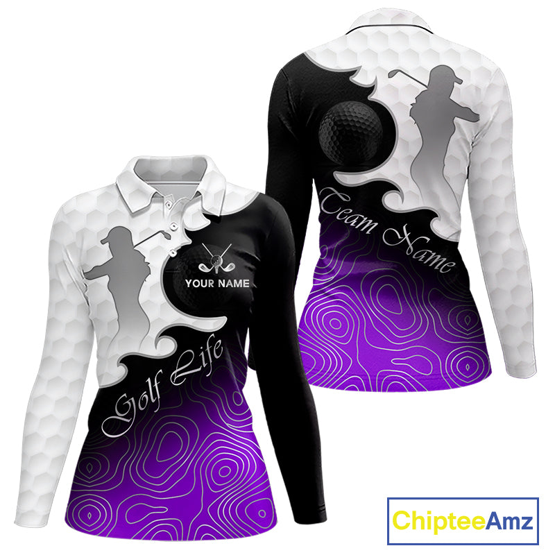 Custom Womens Golf Polo Shirt Purple Black Gradient, Personalized Name Golf Shirt, Gift For Golfer NHT828